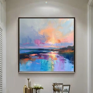 Abstract Sunset River Lake Oil Painting On Canvas,Pastel Blue Sky Sunshine Painting,Blur River Wall Art,Large Wall Art,Living Room Decor