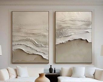 Set Of 2 Beige Ocean Waves Painting On Canvas,Texture 3D Wall Art,Wabi Sabi Wall Art,2 Pieces Heavy Texture Art,Living Room Decor