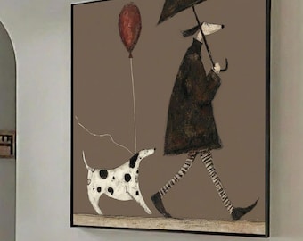 Abstract Papa and Puppy oil painting larg brown wall art old man walking with Dog neutral hand-painted minimalist canvas art for