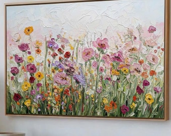 Flower Oil Painting On Canvas, Abstract Purple Flower Painting Flower Landscape Painting, Floral Wall Art Canvas Spring Living Room Wall Art