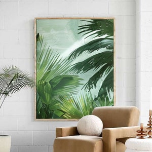 Original Tropisches Wald Ölgemälde, modernes grünes botanisches Dschungelgemälde, minimalistisches Ölgemälde, große Wandkunst, Wohnzimmerdekoration