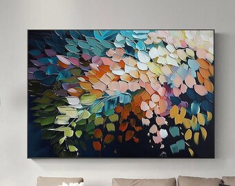 Original Colorful Floral Oil Painting On Canva Large Colorful 3D Wall Art Hand-Painted Colored Petals Fantasy Leaf Texture Living Room Decor