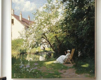 Oil Painting of a Woman Reading Under a Blooming Tree by the Lake Vintage French Garden Scene