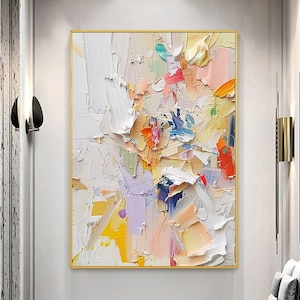 Gran pintura colorida abstracta sobre lienzo, arte abstracto colorido del cuchillo de paleta, arte de pared colorido boho de pintura a mano, decoración de la sala de estar