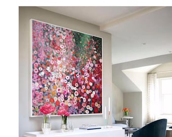 Pintura a óleo de flores sobre tela, pintura abstrata de rosas, pintura de paisagem floral, arte floral em tela para decoração de primavera da sala de estar.
