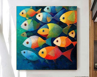 Abstrakte Fische Leinwand Kunst Bunte handgemalte Wandkunst für moderne Haus und Wohnzimmer Dekor