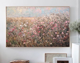 Abstract roze bloem olieverfschilderij, schilderij op canvas, wilde bloemen landschapsschilderkunst, bloemen kunst aan de muur, kunst aan de grote muur, decor woonkamer