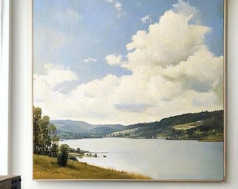 Oil Painting of Serene Lake and Sky Landscape – Nature Wall Art for Tranquil Home Decor