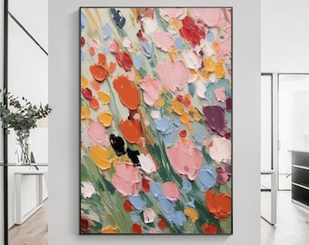 Abstract Pink Flower Oil Painting on Canvas Floral 3D Colorful Textured Painting Boho Wall Art Original Minimalist Modern Living Room Decor