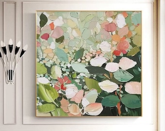 May include: Abstract painting with a floral theme. The painting features a variety of shades of green, pink, and white, creating a soft and delicate look. The painting is framed in a gold frame.