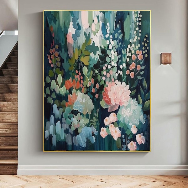 Abstract Flower Oil Painting on Canvas 3D Minimalist Textured Green Floral Art Landscape Boho Wall Art Large Wall Art Living Room Home