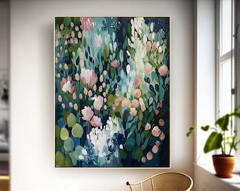 Original Green Flower Oil Painting on Canvas Abstract Green Floral Art Boho Wall Art 3D Textured Painting Modern Living Room Wall Decor