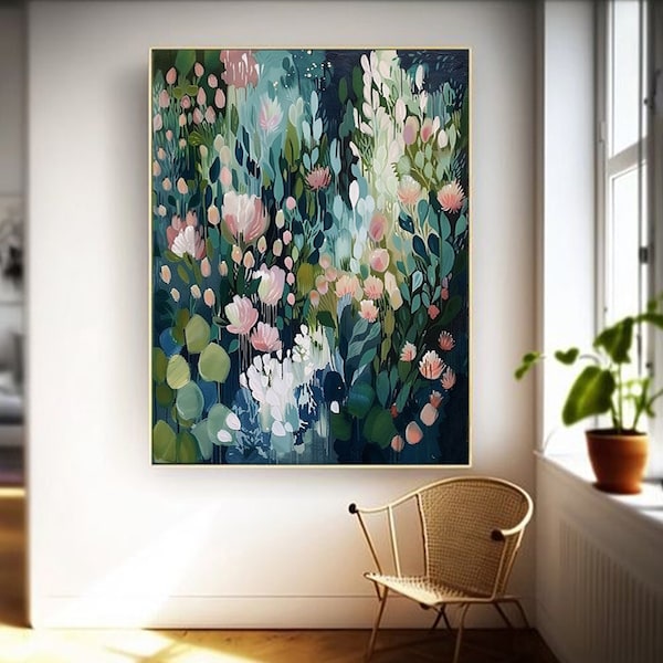 Original Green Flower Oil Painting on Canvas Abstract Green Floral Art Boho Wall Art 3D Textured Painting Modern Living Room Wall Decor