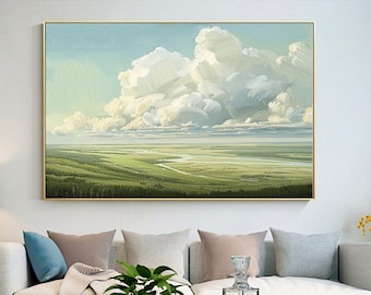 Sky and Clouds Scenery Oil Painting On Canvas,Green Natural Landscape Wall Art,Pastel Blue Sky Oil Painting,Large Wall Art,Living Room Decor