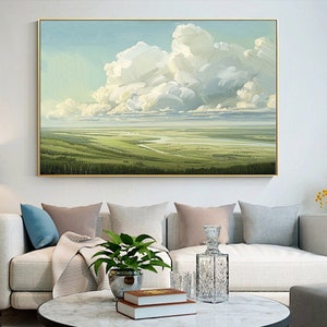 Himmel und Wolken Landschaft Ölgemälde Auf Leinwand, Grüne Naturlandschaft Wandkunst, Pastell Blauer Himmel Ölgemälde, Große Wandkunst, Wohnzimmer Dekor