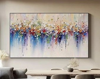Abstract wit kleurrijk wilde bloemen olieverfschilderij op canvas, kleurrijke textuur bloem schilderij, boho kunst aan de muur, kunst aan de grote muur, woonkamer decor