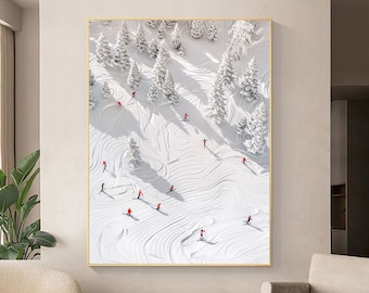 Original Ski Sport Painting on Canvas 2D Abstract Wall Art Custom Painting Skier on Snowy Mountain Art White Snow Art Living Room Decor Art