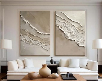 Set of 2 Large Beige Ocean Waves Painting On Canvas,2 Pieces Ocean Waves Texture 3D Art,Wabi Sabi Wall Art,Minimalist Painting,Home Decor
