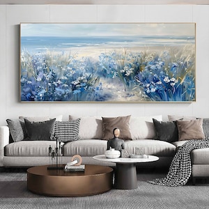 Peinture à l'huile originale, art abstrait sur toile, abstrait bohème, art mural 3D, nature, décoration d'intérieur, prêle bleu, herbe, peinture à l'huile, décoration de salon