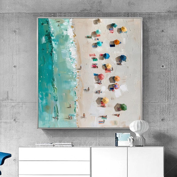 Original Beach Oil Painting On Canvas Abstract Blue Ocean Painting Waves and Golden Beach Painting Modern Textured Summer decor Living Room