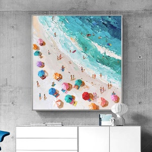 Original Beach Oil Painting On Canvas Happy Coast Swimming Surfing Painting Texture Wall Art Abstract Summer Seaside Painting Living Room