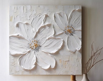3D White Large Flower Texture Oil Painting on Canvas White Floral Abstract Wall Art Heavy Textured Painting Flower Floral Wall Art Decor