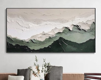 Original Green Textured Ocean Waves Painting On Canvas,Wabi Sabi Painting,Minimalists Art,Hand-painted Abstract Painting,Living Room Decor