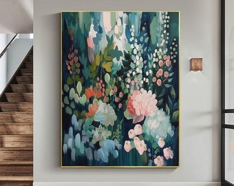 Abstract Flower Oil Painting on Canvas Minimalist Landscape Green Floral Art Landscape Boho Wall Art Large Wall Art Living Room Home