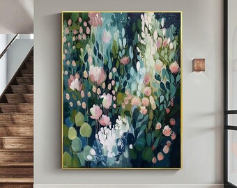 Original Green Flower Oil Painting on Canvas Abstract Green Floral Art Boho Wall Art 3D Textured Painting Modern Living Room Wall Decor