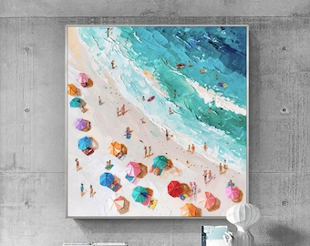 Original Beach Oil Painting On Canvas Happy Coast Swimming Surfing Painting Texture Wall Art Abstract Summer Seaside Painting Living Room