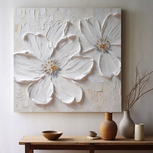 3D White Large Flower Texture Oil Painting on Canvas White Floral Abstract Wall Art Heavy Textured Painting Flower Floral Wall Art Decor