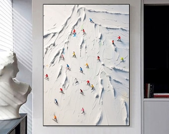 May include: Abstract painting of a snowy mountain scene with skiers in colorful clothing. The painting is done in a textured style with white paint and a variety of colors.