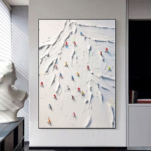 Original ski sport painting  on canvas Custom painting,Textured wall art personalized gift skier on snowy mountain art white snow skiing art