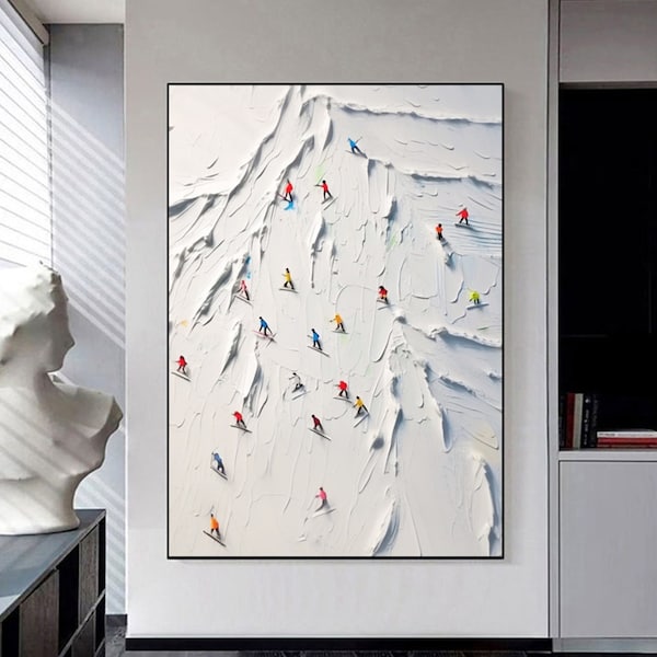 Original Gemälde auf Leinwand, Skifahrer auf schneebedeckten Bergen, weißer Schnee Skifahrer Kunst, abstraktes Gemälde auf Leinwand