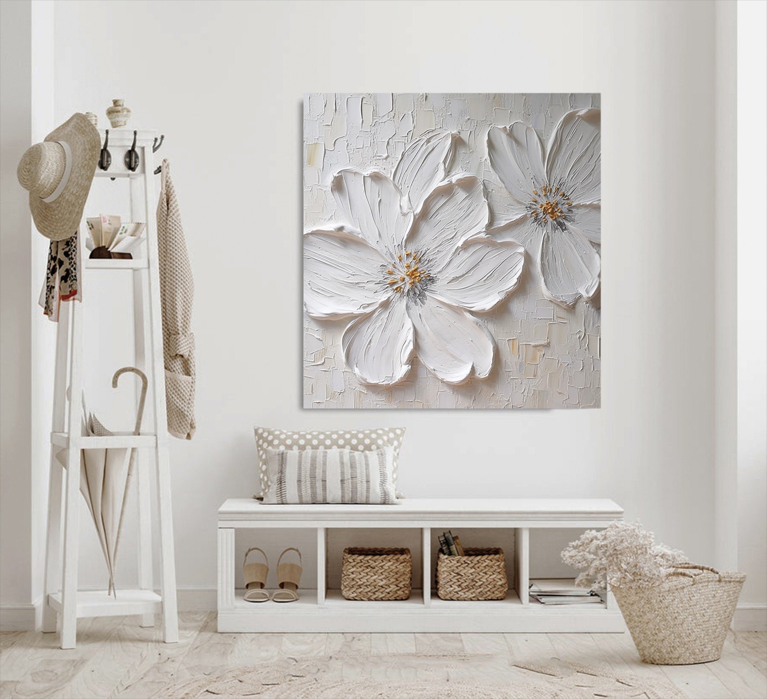 3D White Large Flower Texture Oil Painting on Canvas White Floral ...