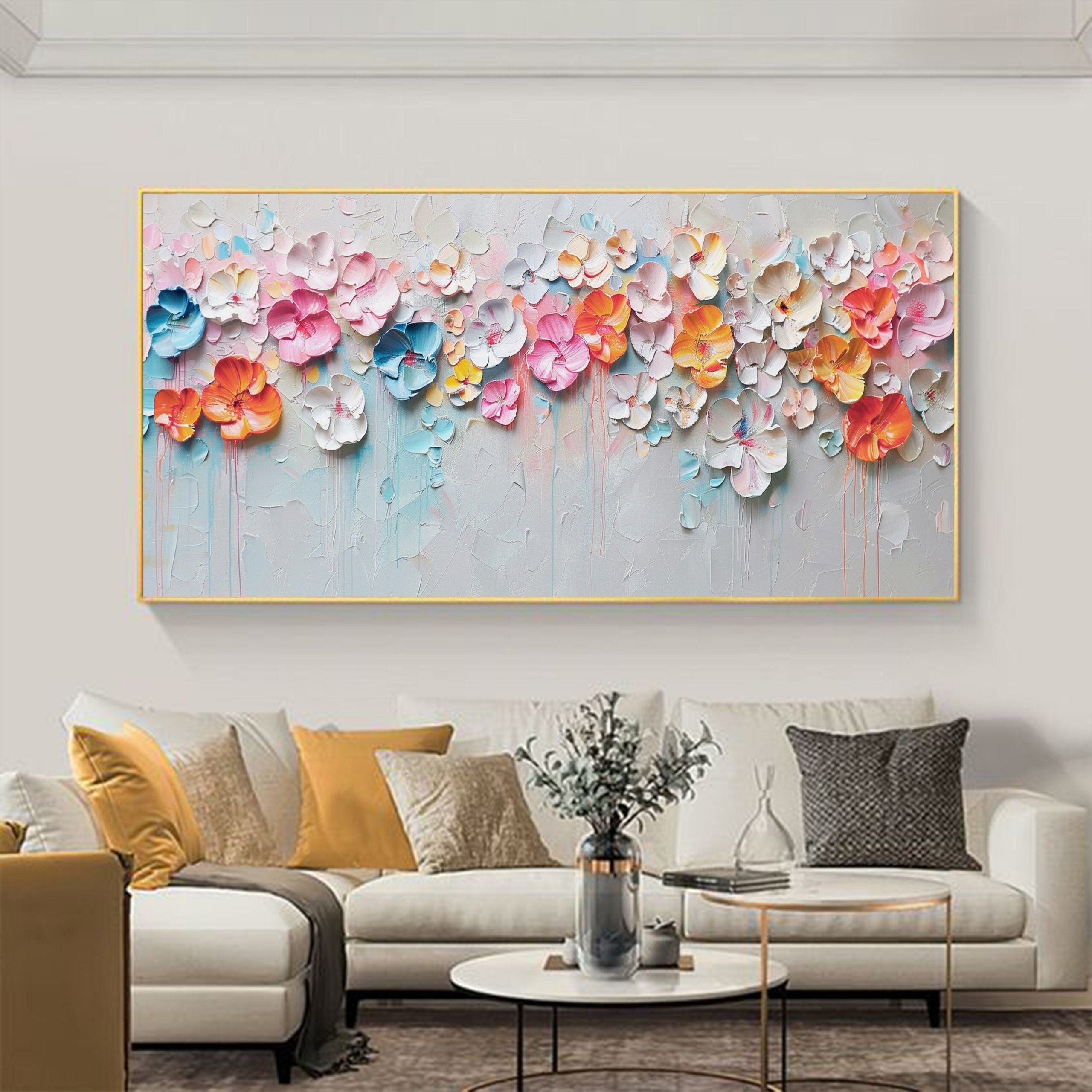 Abstract Colorful Flower Oil Painting on Canvas - 3D Textured Wall Art for Living Room Decor