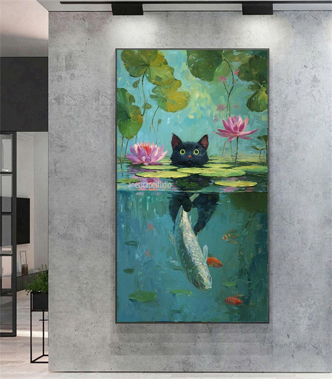 Water Lily Painting Cute Black Cat Swimming Among Water Lilies of Monet ...