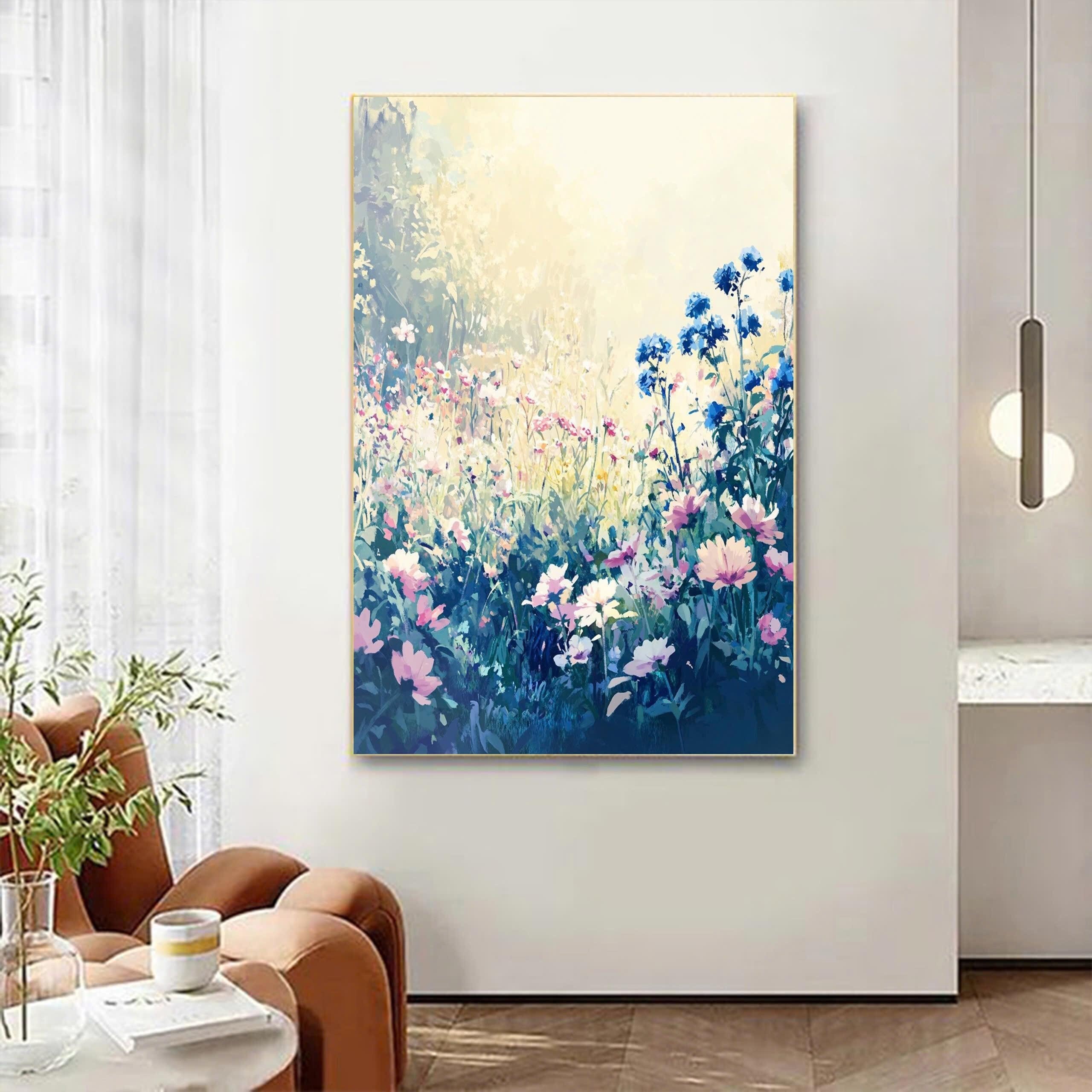Original Serene Floral Oil Painting - Pastel Wildflower Canvas Art for Nature-Inspired Living Room Decor