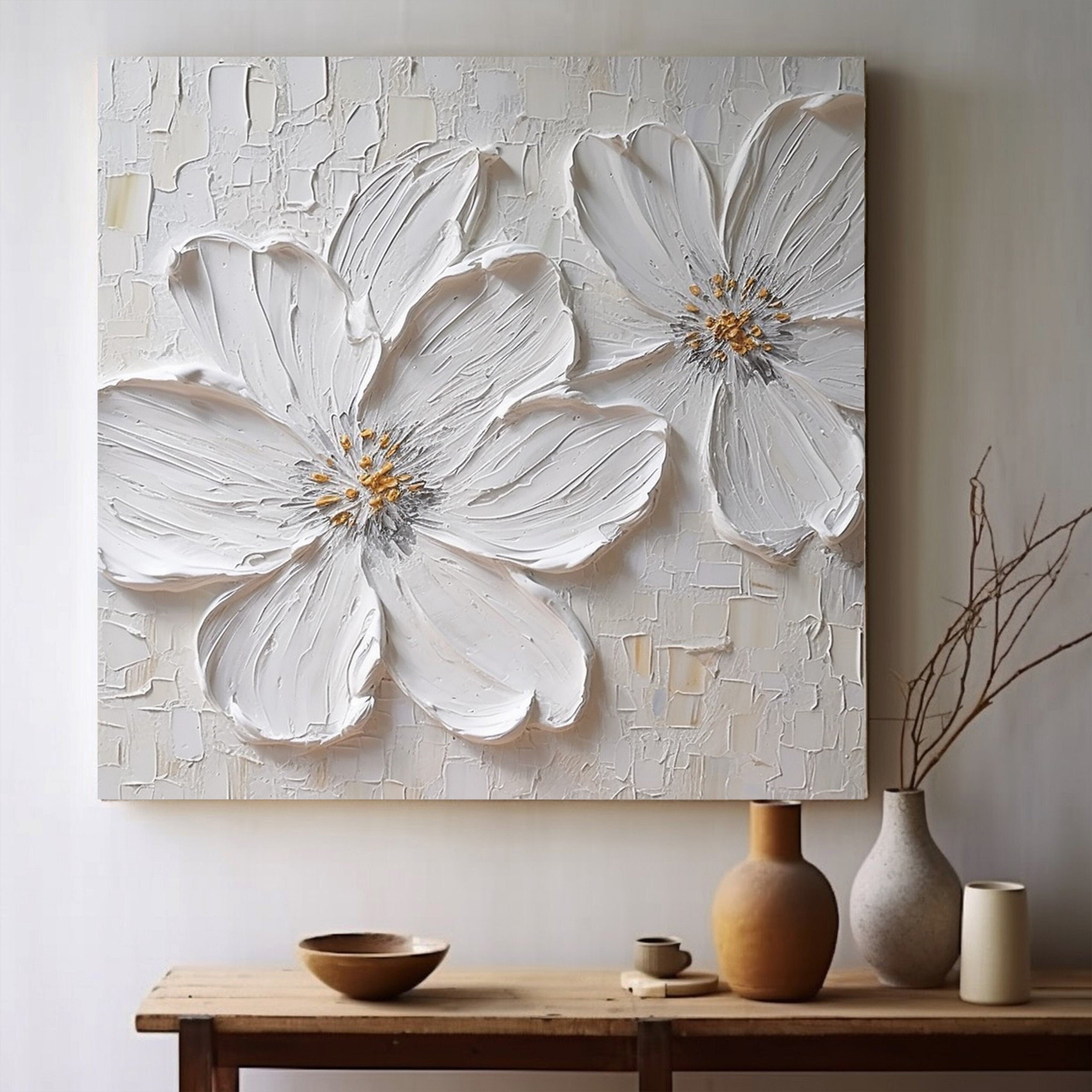 3D White Large Flower Texture Oil Painting on Canvas - Abstract Floral Wall Art for Home Decor