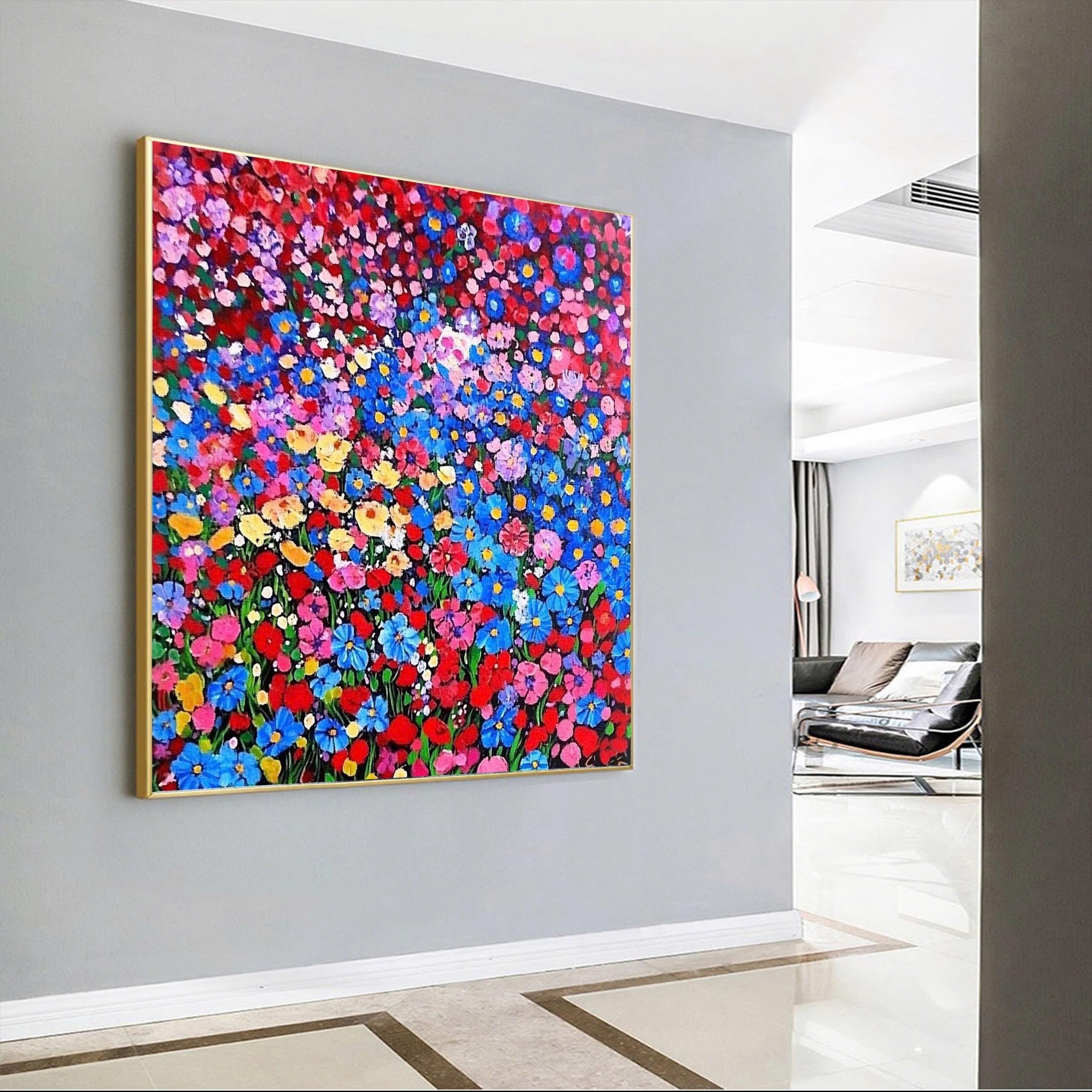 Original Abstract Floral Acrylic Painting - Vivid Colorful Flower Canvas Art for Modern Living Room Decor