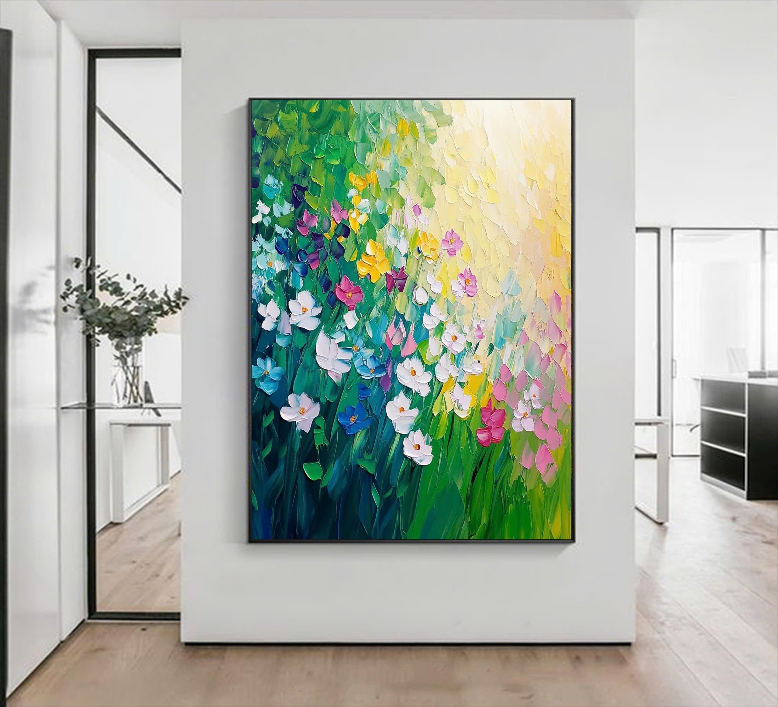 Original Vibrant Floral Oil Painting - Bright Garden Canvas Art for Modern Living Room Wall Decor