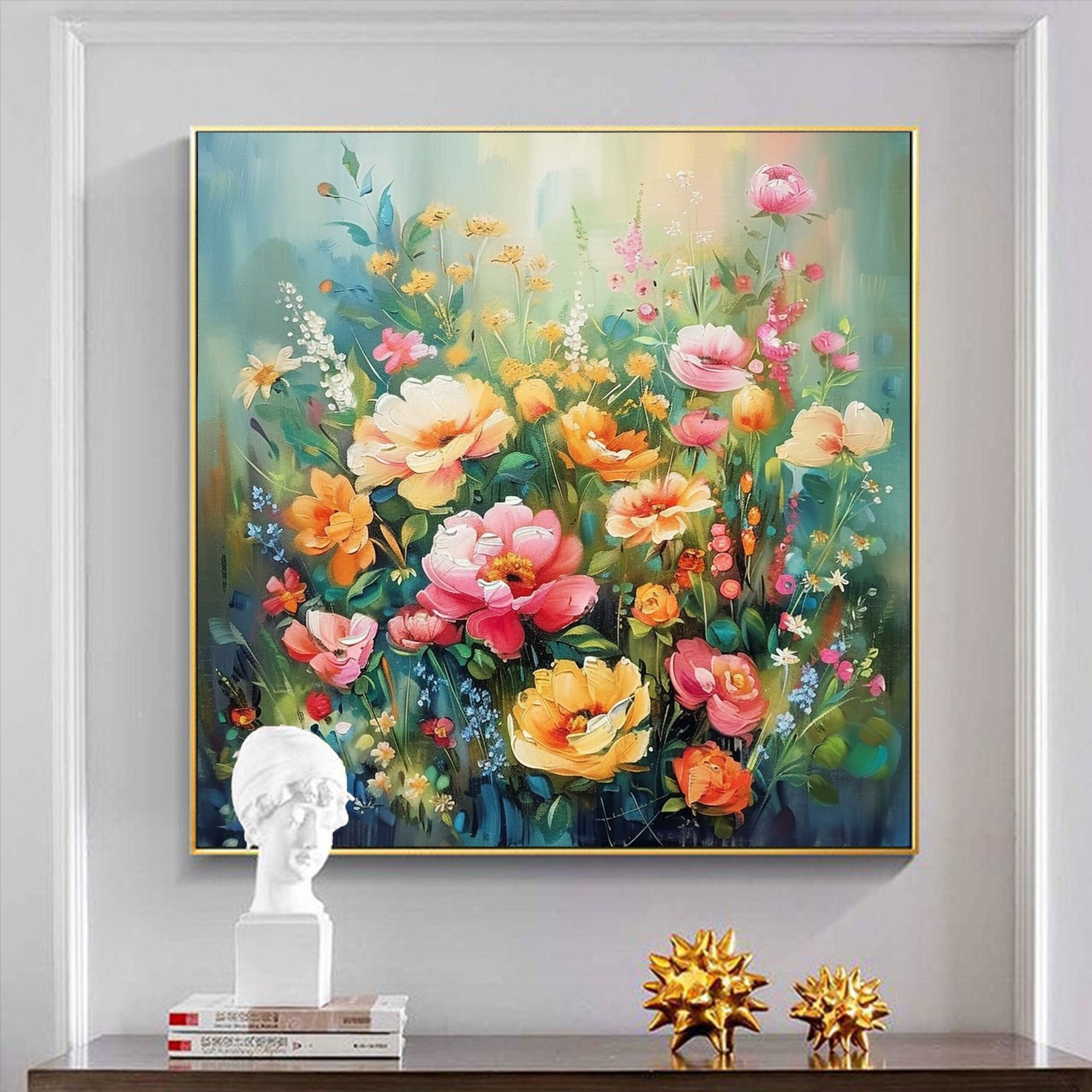 Original Spring Flower Oil Painting on Canvas - Colorful Floral Landscape Wall Art for Modern Living Room Decor