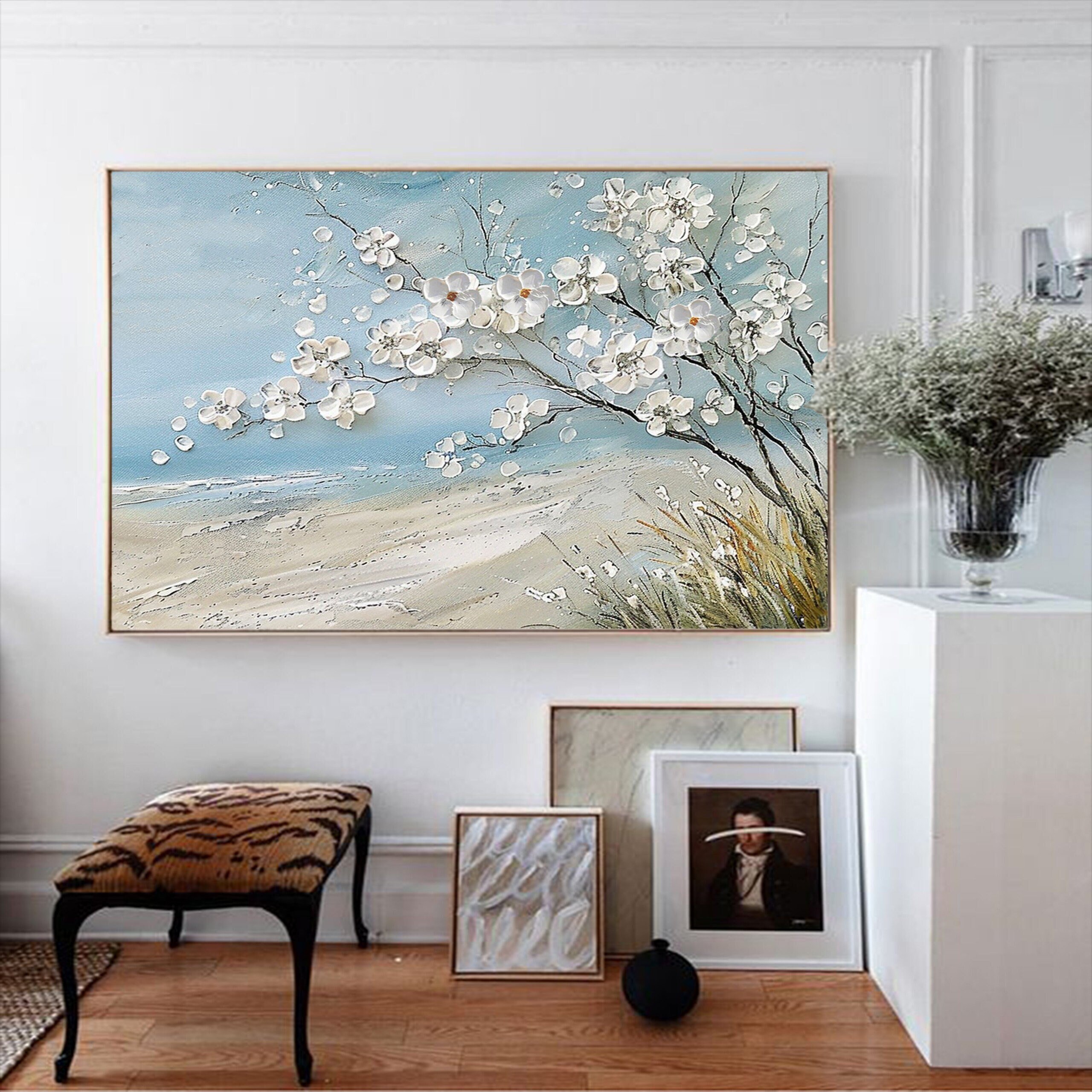 3D Flower Oil Painting on Canvas - Textured Blooming Floral Wall Art for Modern Living Room Decor