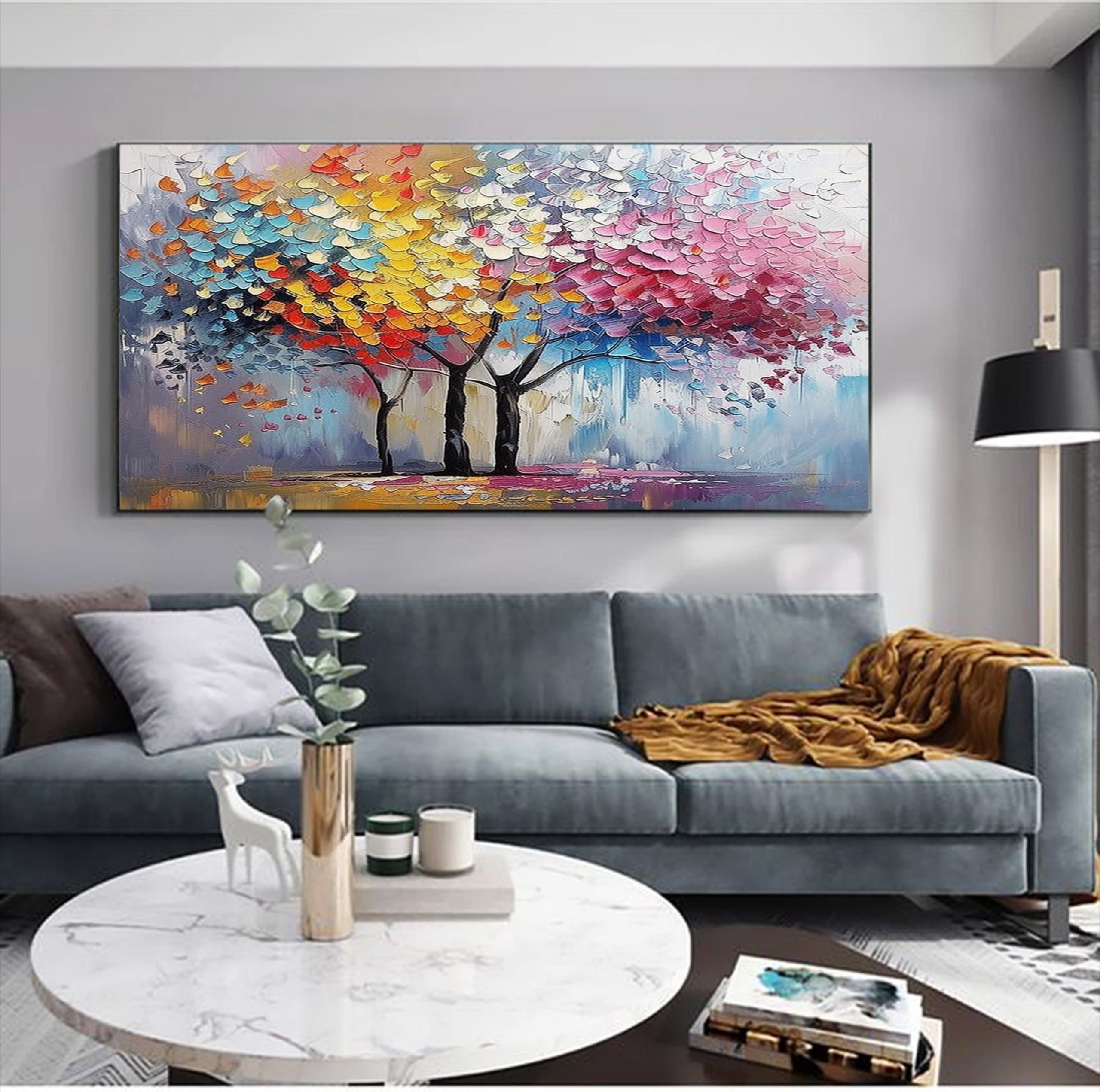 Original Colorful Tree Oil Painting - Abstract Blossom Wall Art for Modern Living Room Decor