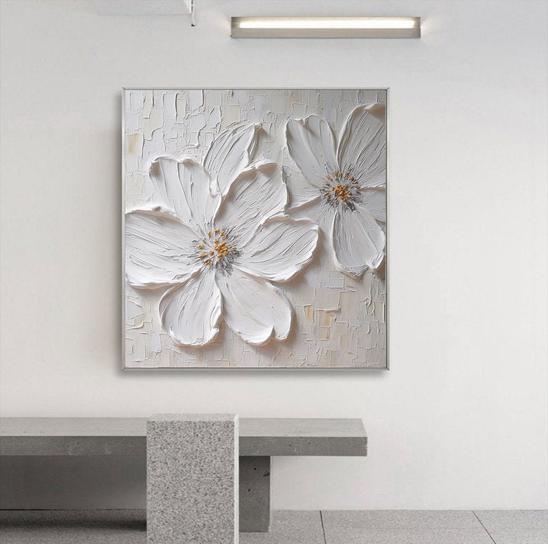 3D White Large Flower Texture Oil Painting on Canvas White Floral ...