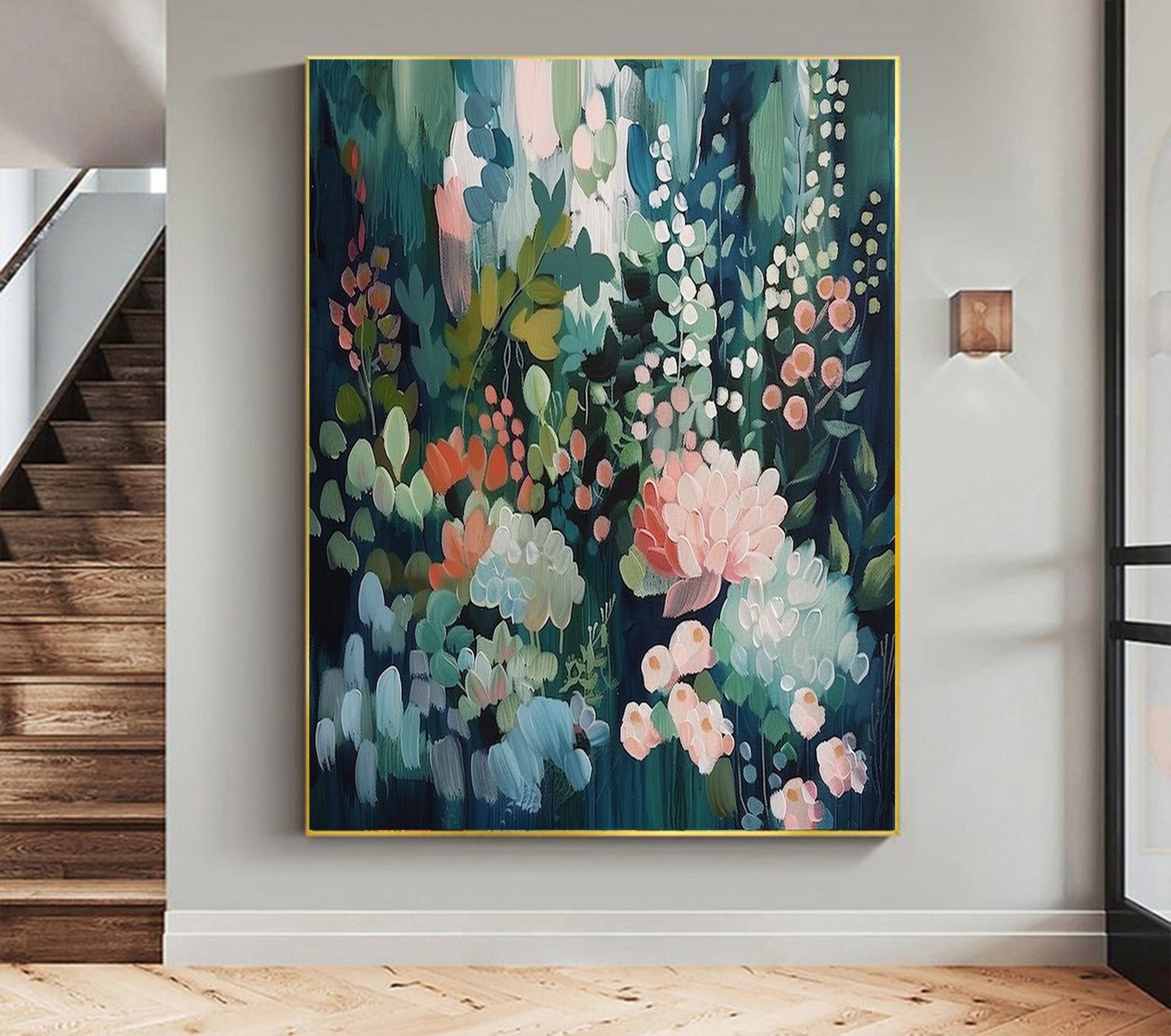 Abstract Flower Oil Painting on Canvas - Minimalist Green Floral Landscape Art for Boho Living Room Decor