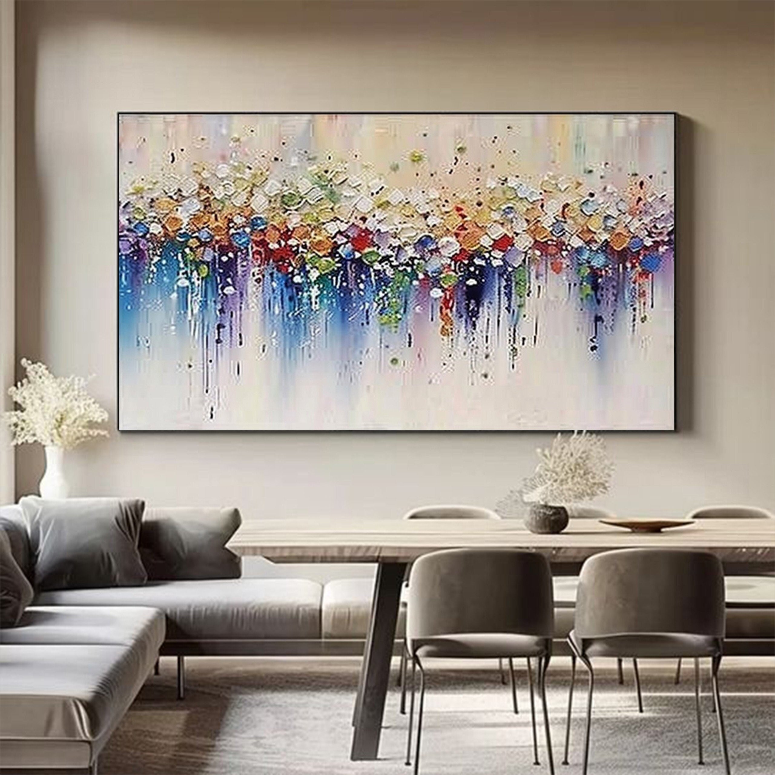 Abstract Wildflower Oil Painting on Canvas - Colorful Textured Wall Art for Boho Living Room Decor