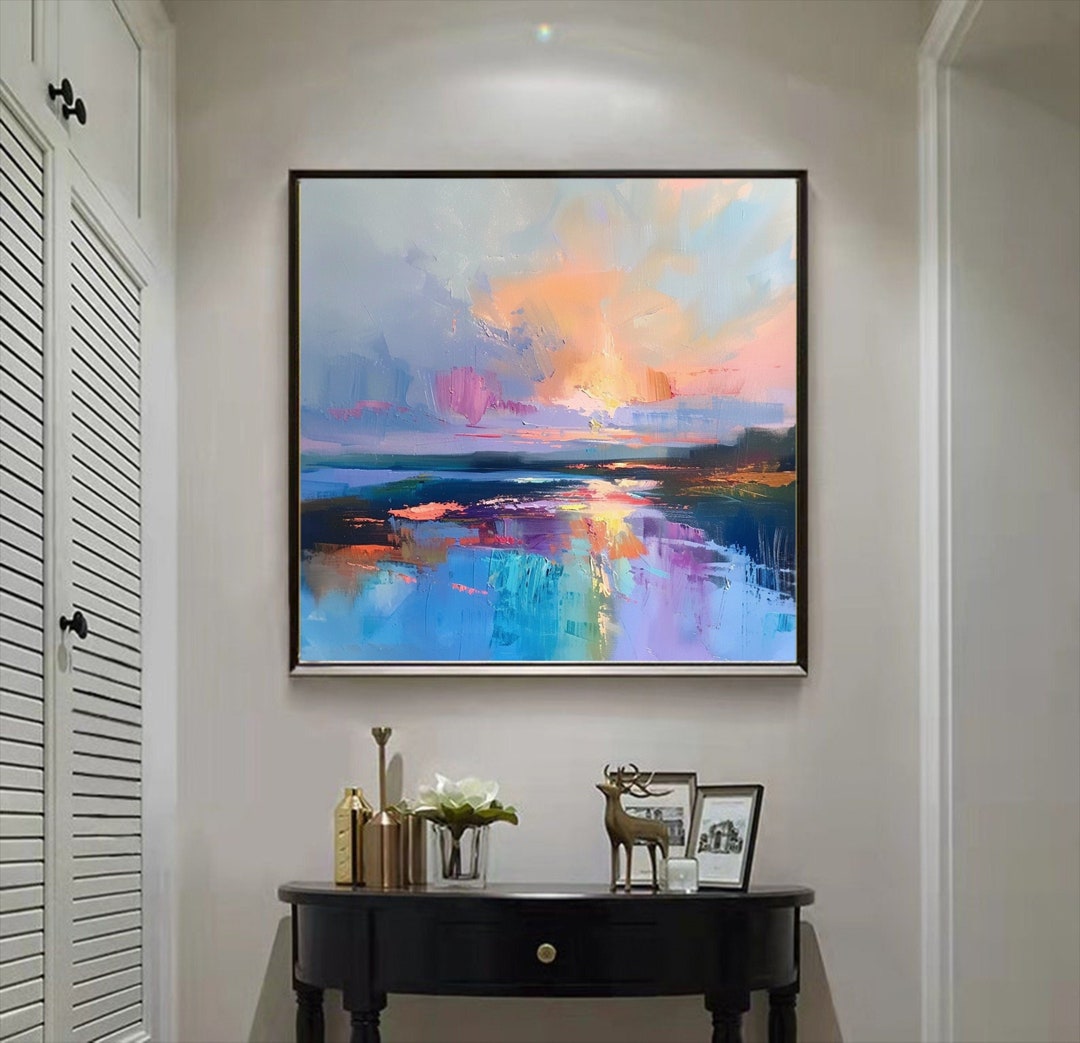 Abstract Sunset River Lake Oil Painting on Canvas,pastel Blue Sky ...
