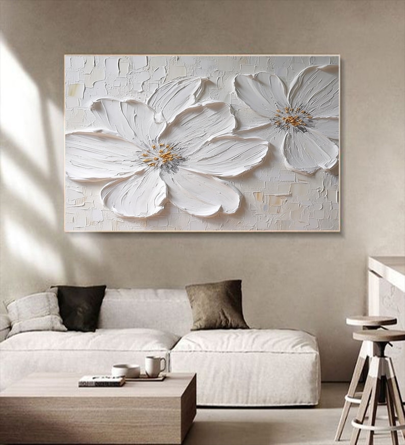 3D White Large Flower Texture Oil Painting on Canvas White Floral ...