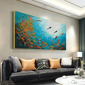 Large Abstract Fish School Paintings On Canvas Colorful Fish Painting Abstract Blue Ocean 3D Textured Custom Painting Living Room Wall Art